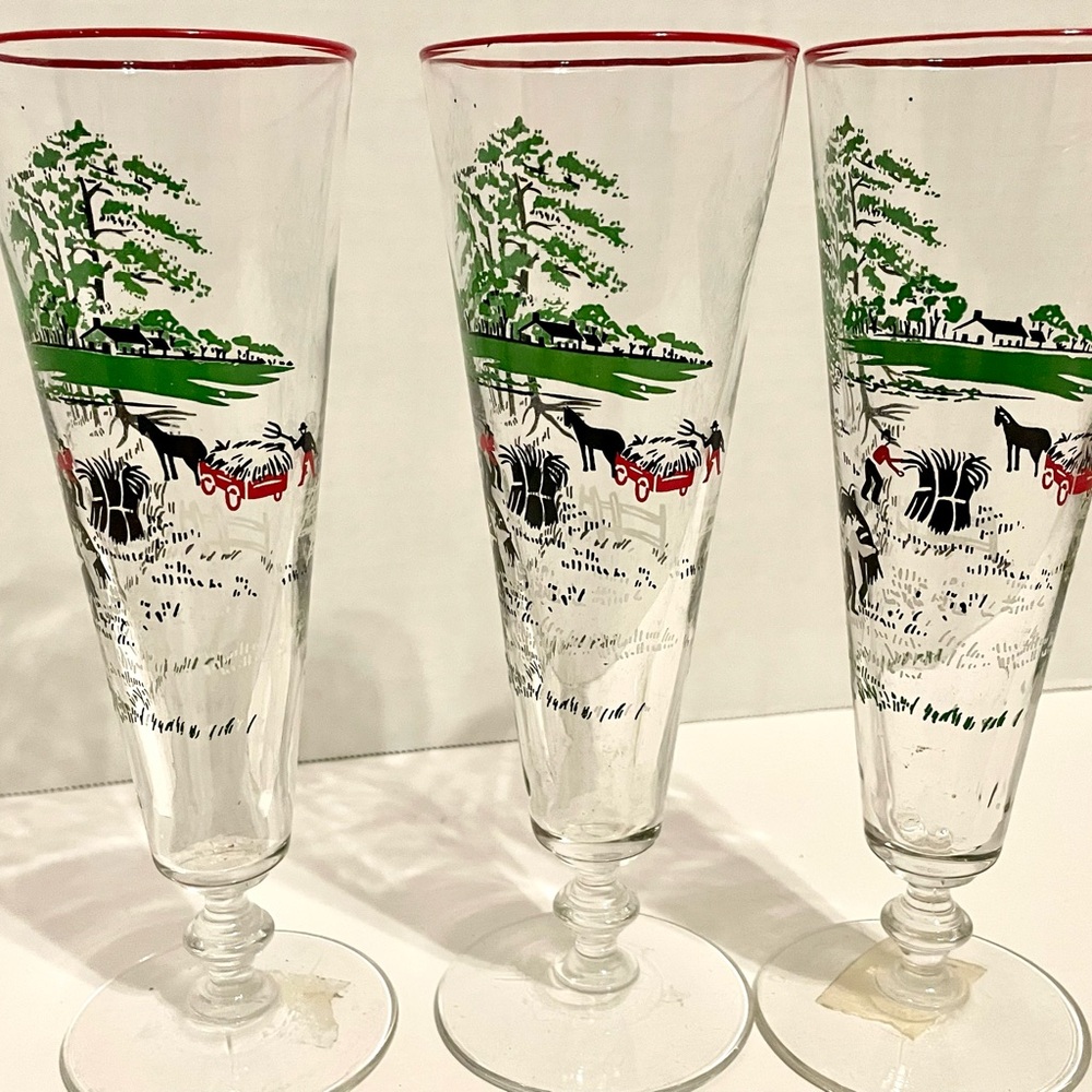 Vintage Currier & Ives LIBBEY Pilsner Beer Glasses Farm Scene (3)